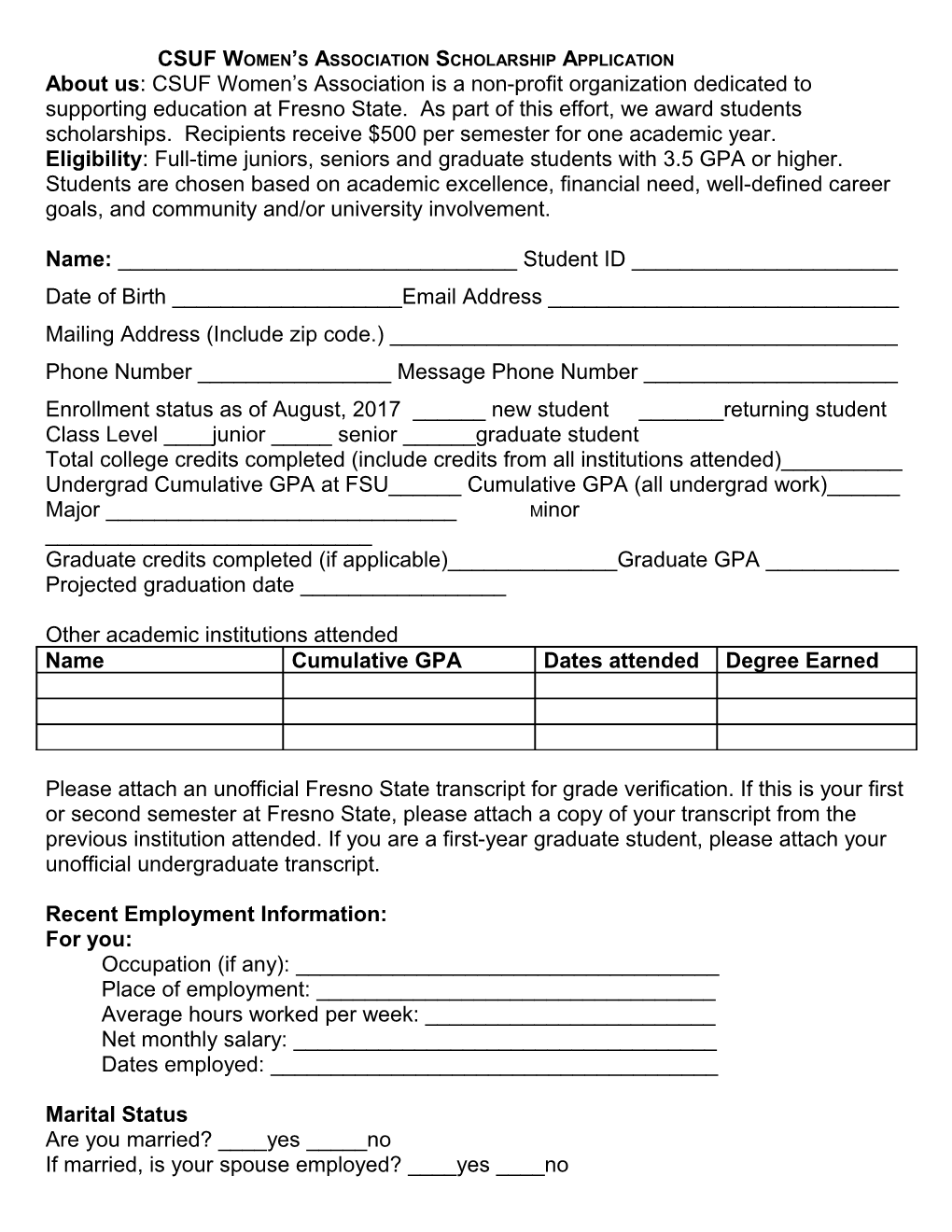 CSUF Women S Association Scholarship Application