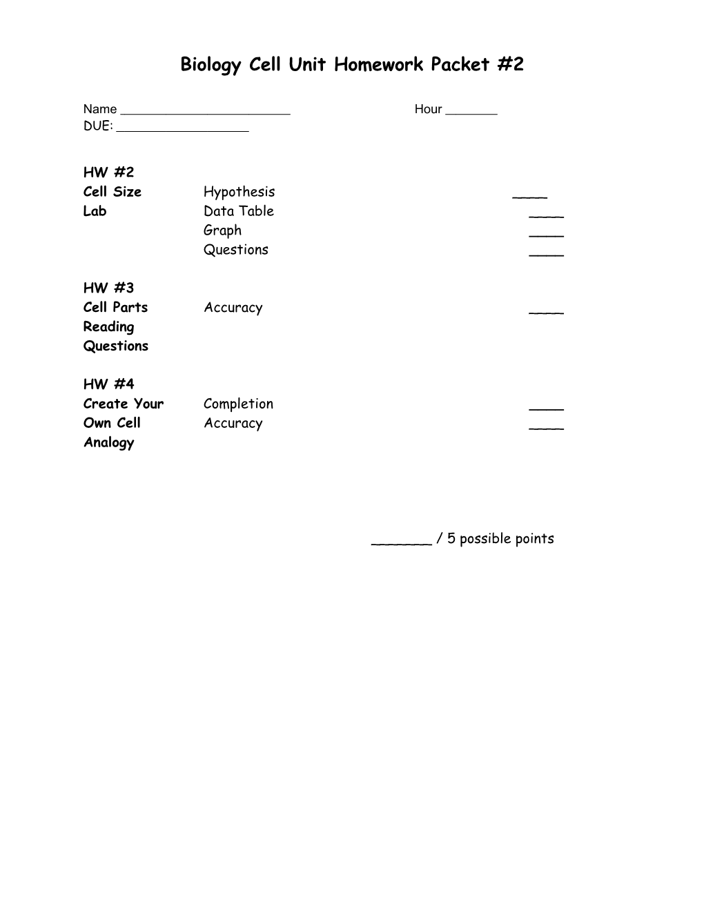 Biology Cell Unit Homework Packet #1