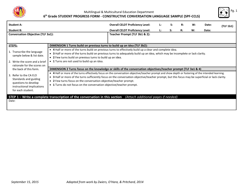 6Th Gradestudent PROGRESS FORM - CONSTRUCTIVE CONVERSATION LANGUAGE SAMPLE (SPF-CCLS)