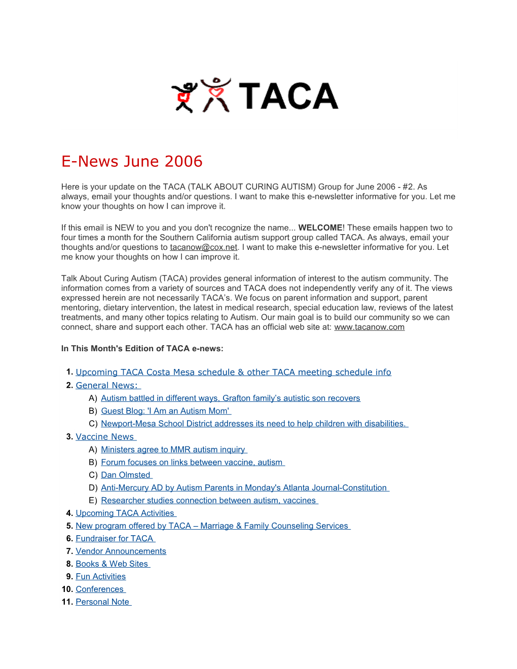 In This Month's Edition of TACA E-News s1