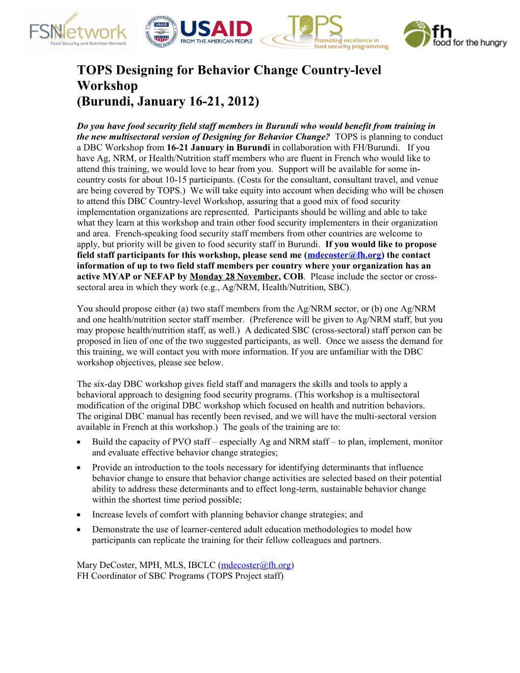 TOPS Designing for Behavior Change Country Level Workshop in Bujumbura, Burundi, January