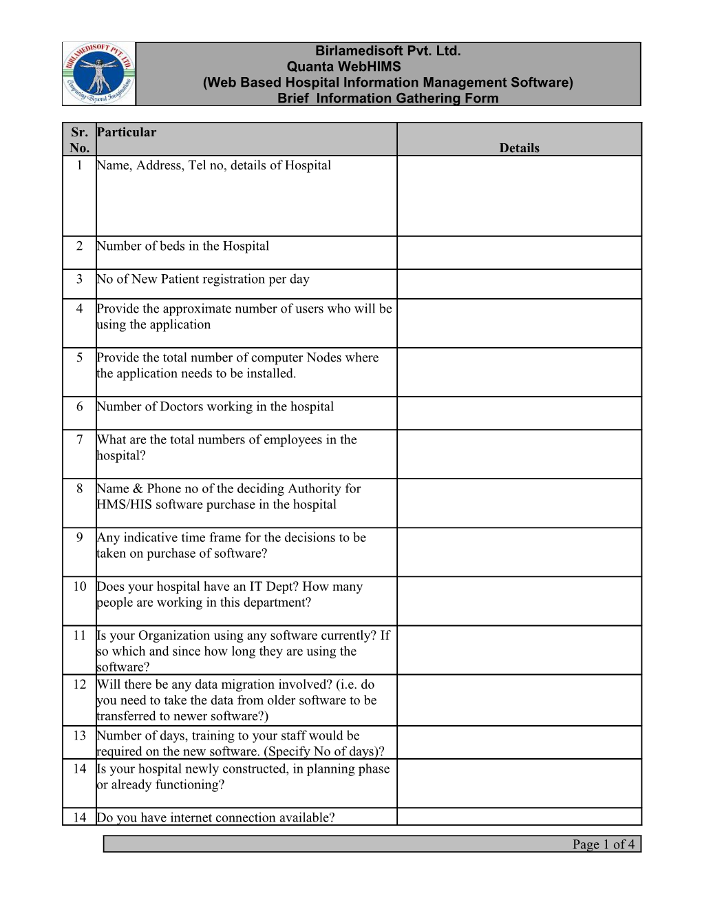 Hospital Information Form