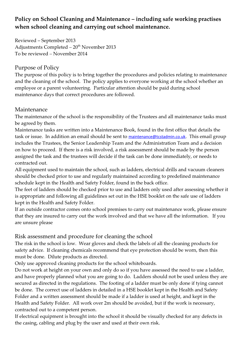 Policy on School Cleaning and Maintenance