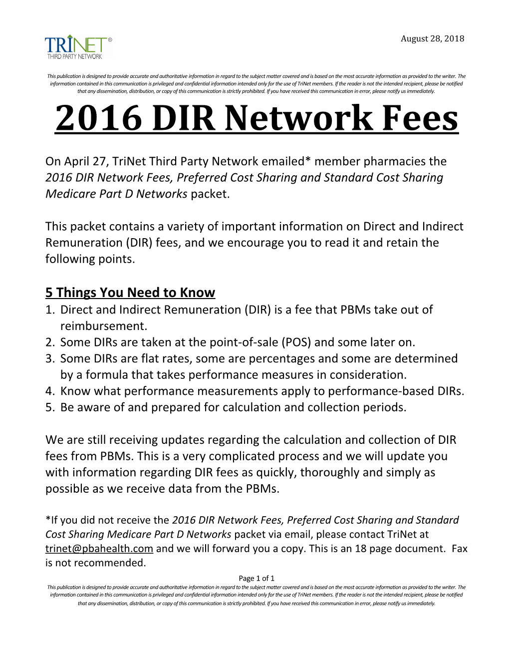 2016 DIR Network Fees