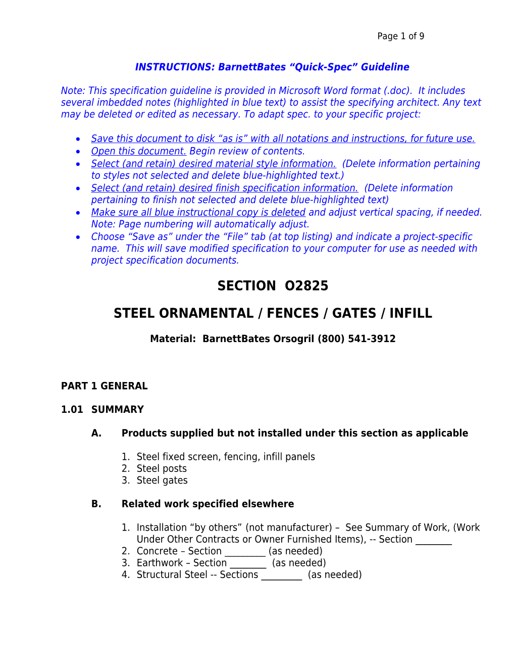 INSTRUCTIONS: Barnettbates Quick-Spec Guideline