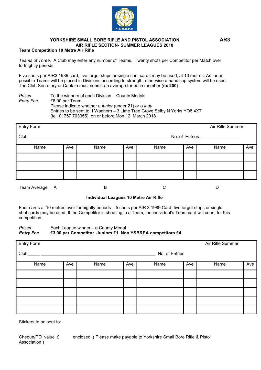 Yorkshire Small Bore Rifle and Pistol Association Ar3