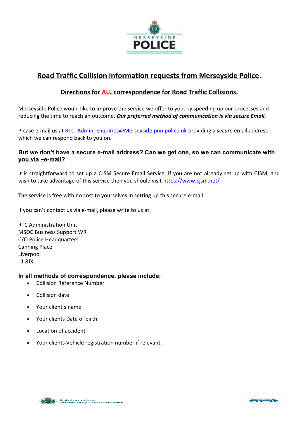 Road Traffic Collision Information Requests from Merseyside Police