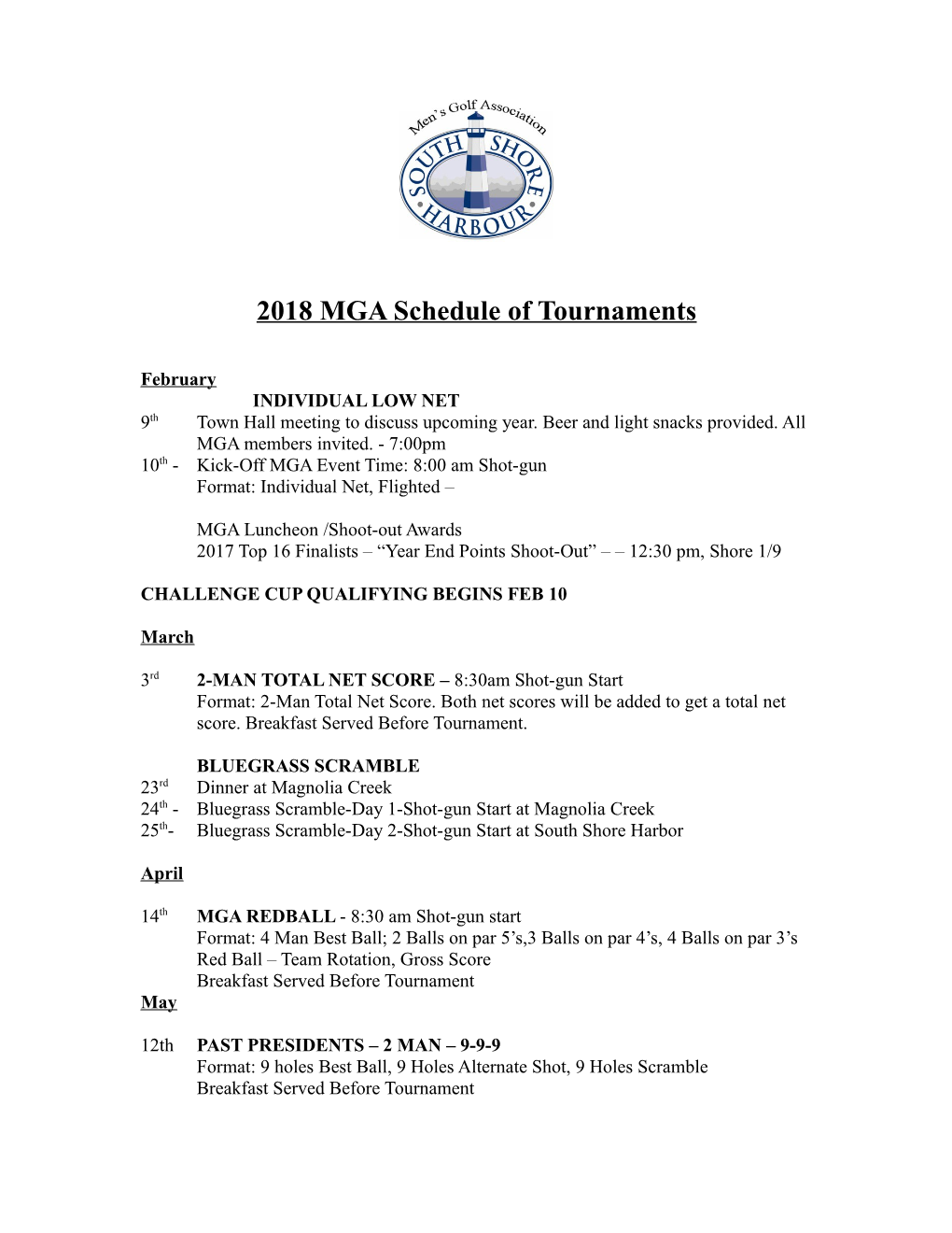 2018 MGA Schedule of Tournaments