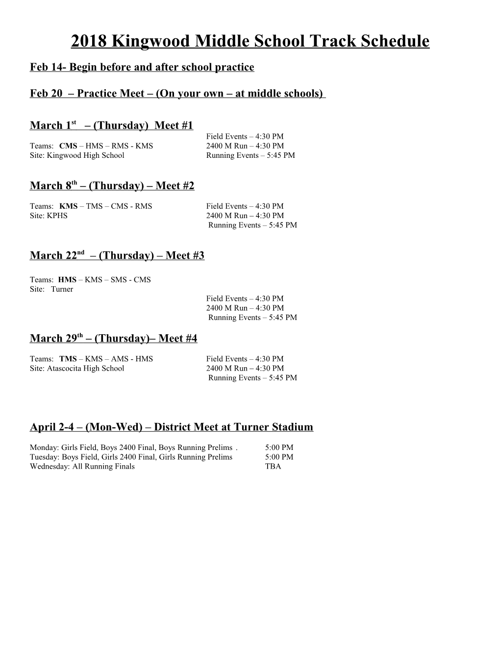 2014 Humble ISD Middle School Track Schedule