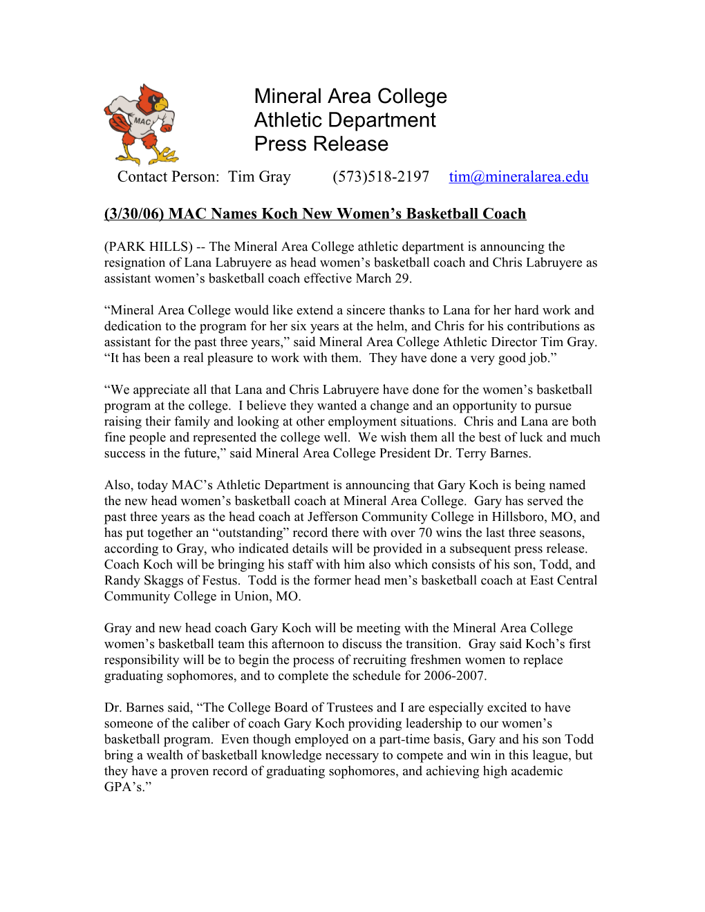 (3/30/06) MAC Names Koch New Women S Basketball Coach