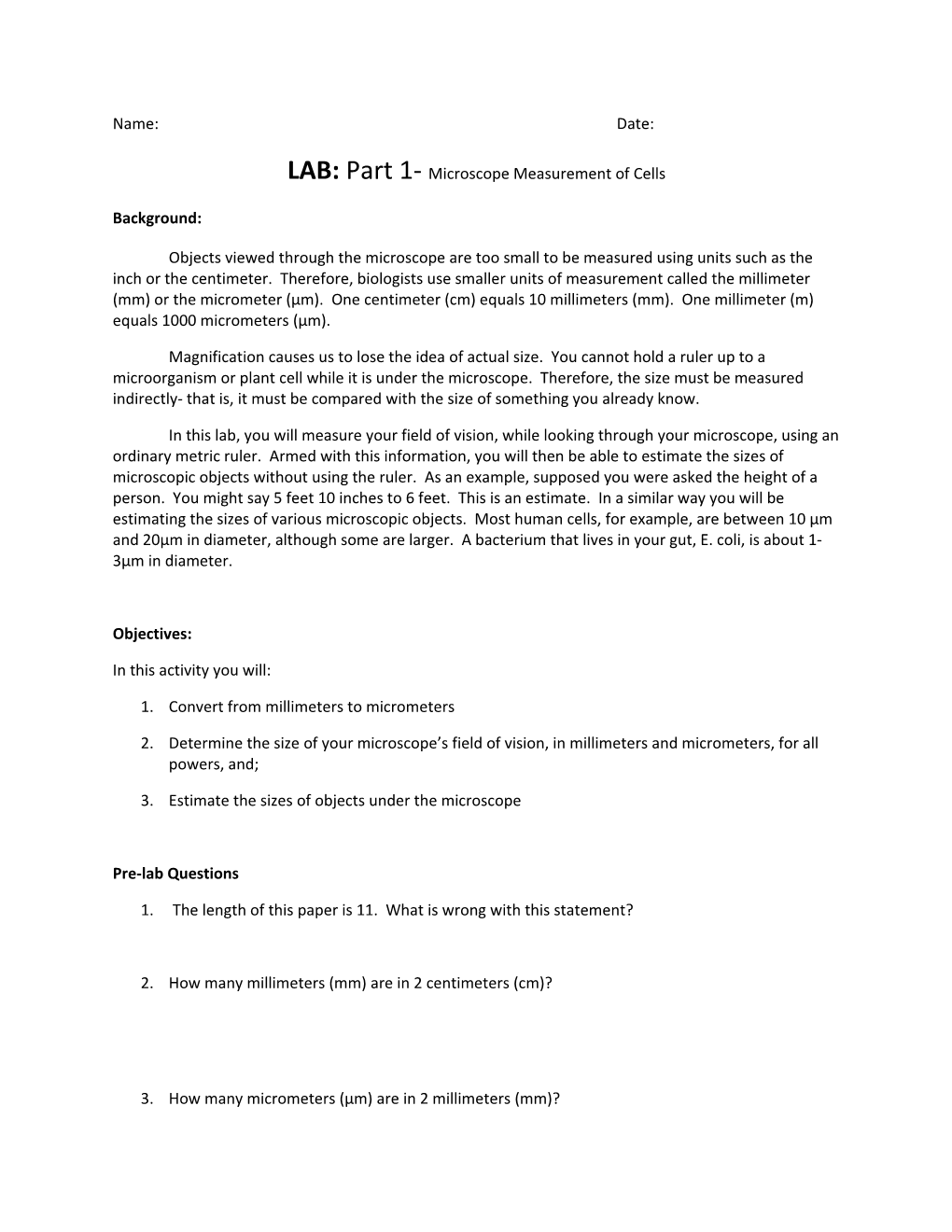 LAB: Part 1- Microscope Measurement of Cells