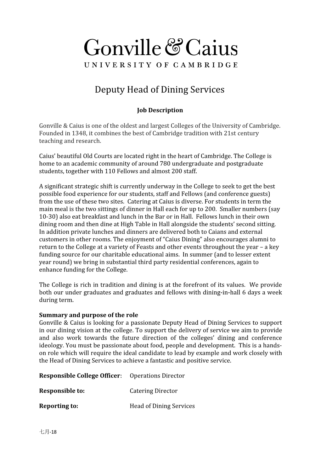 Deputy Head of Dining Services