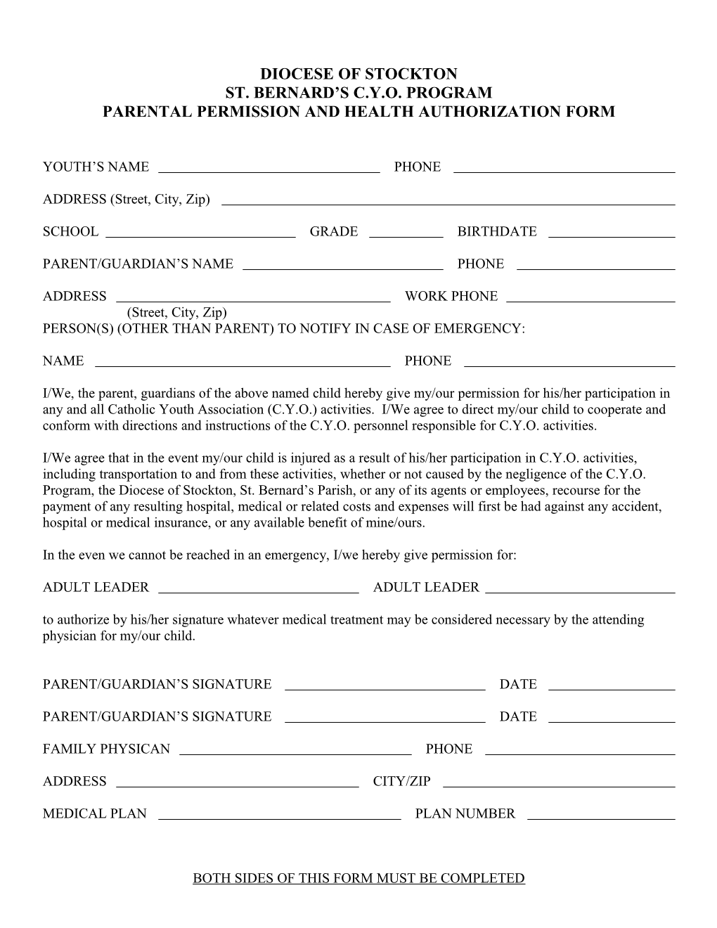 Parental Permission and Health Authorization Form