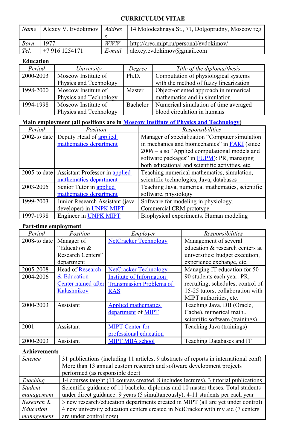 Main Employment (All Positions Are in Moscow Institute of Physics and Technology )