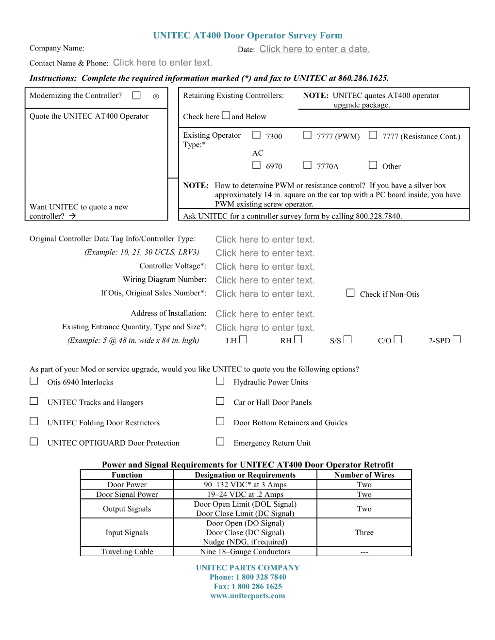 UNITEC AT400 Door Operator Survey Form