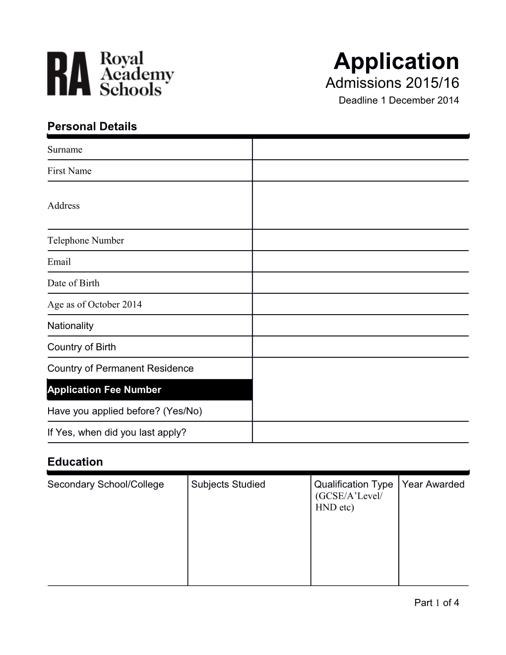 RA Schools Application Form 2014