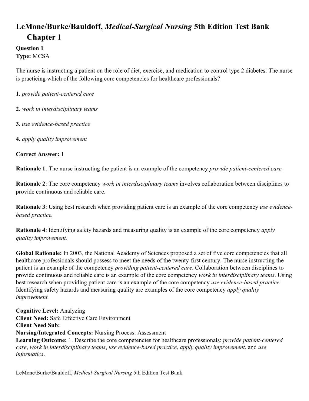 Lemone/Burke/Bauldoff, Medical-Surgical Nursing 5Th Edition Test Bankchapter 1