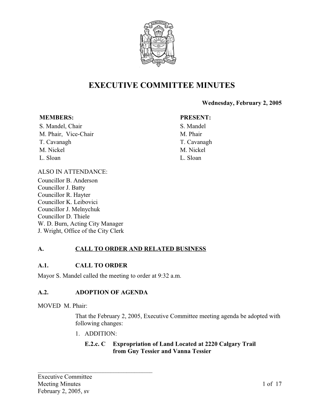 Minutes for Executive Committee February 2, 2005 Meeting