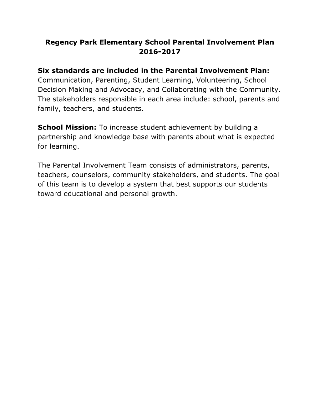 Regency Park Elementary School Parental Involvement Plan