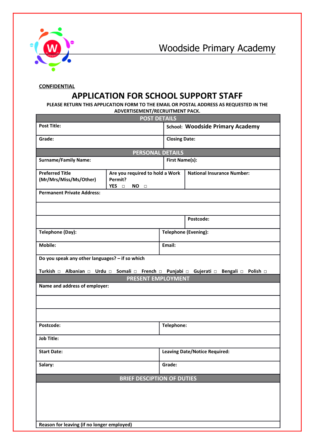 Application for School Support Staff