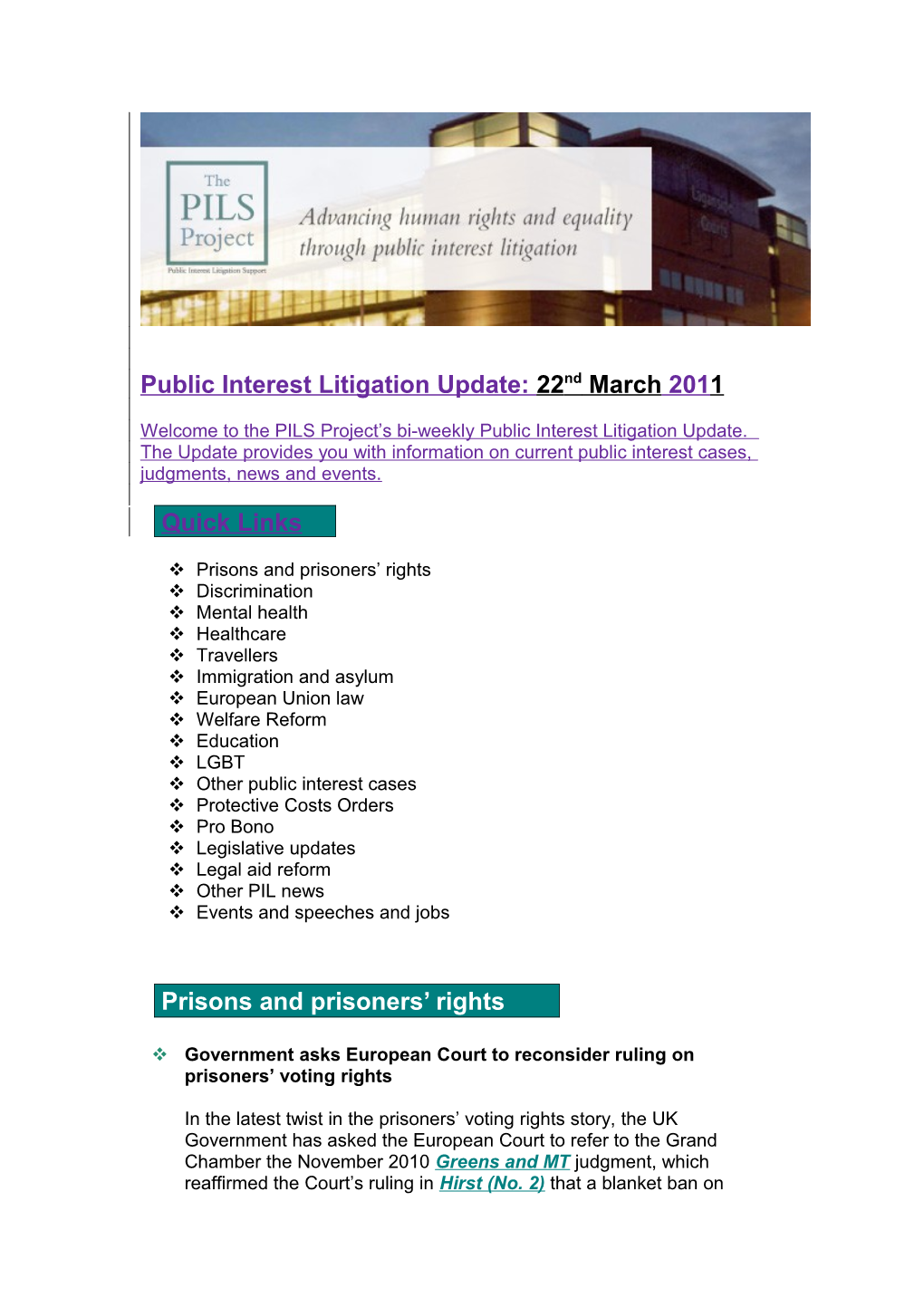 Public Interest Litigation Update: 22Nd March 2011