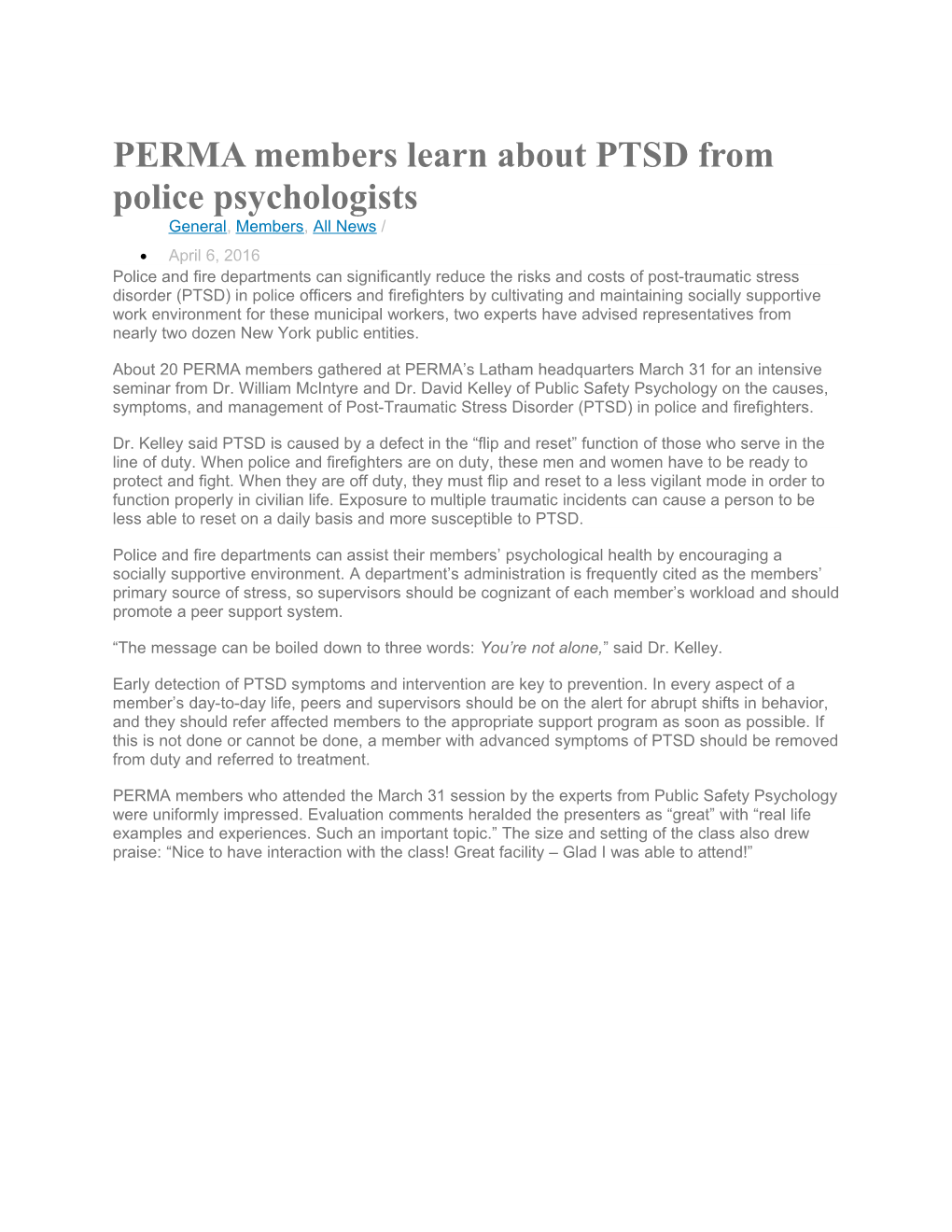 PERMA Members Learn About PTSD from Police Psychologists