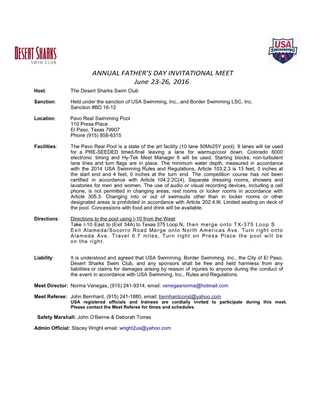 ANNUAL FATHER S DAY INVITATIONAL MEET June 23-26, 2016