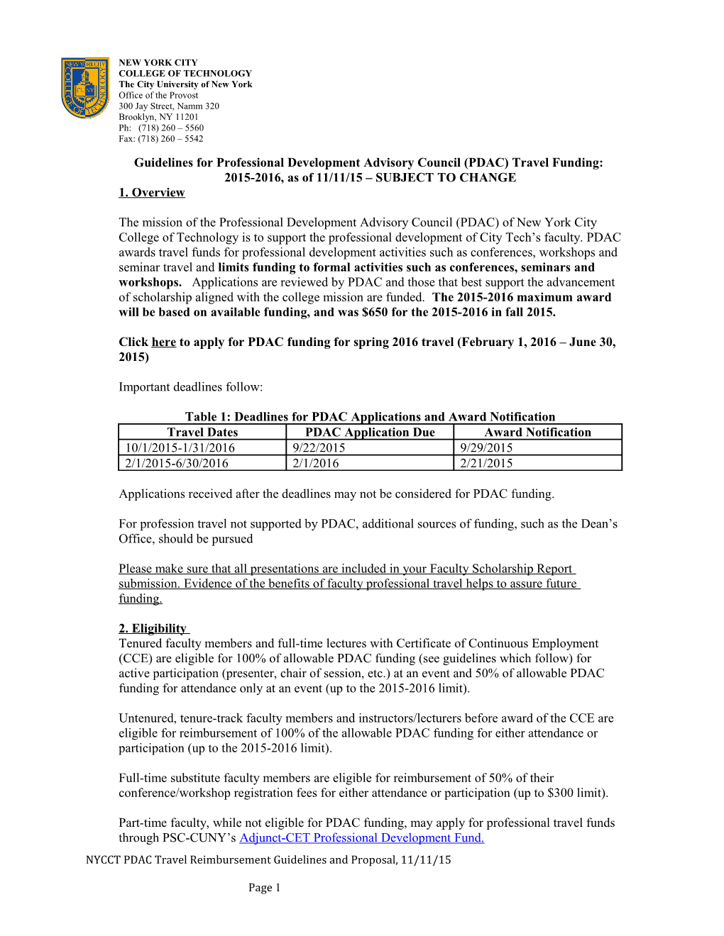 NYCCT PDAC Travel Reimbursement Guidelines and Proposal, 11/11/15