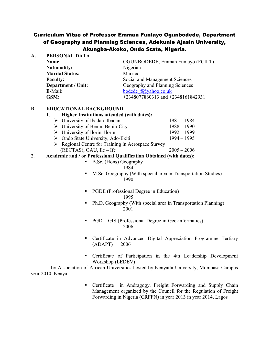 Curriculum Vitae of Professor Emman Funlayo Ogunbodede, Department of Geography and Planning