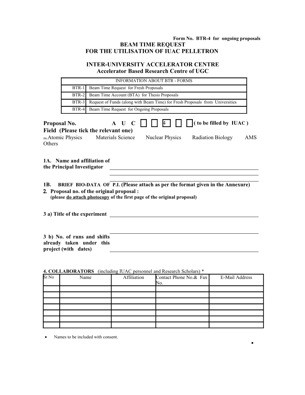 Form No. BTR-4 for Ongoing Proposals