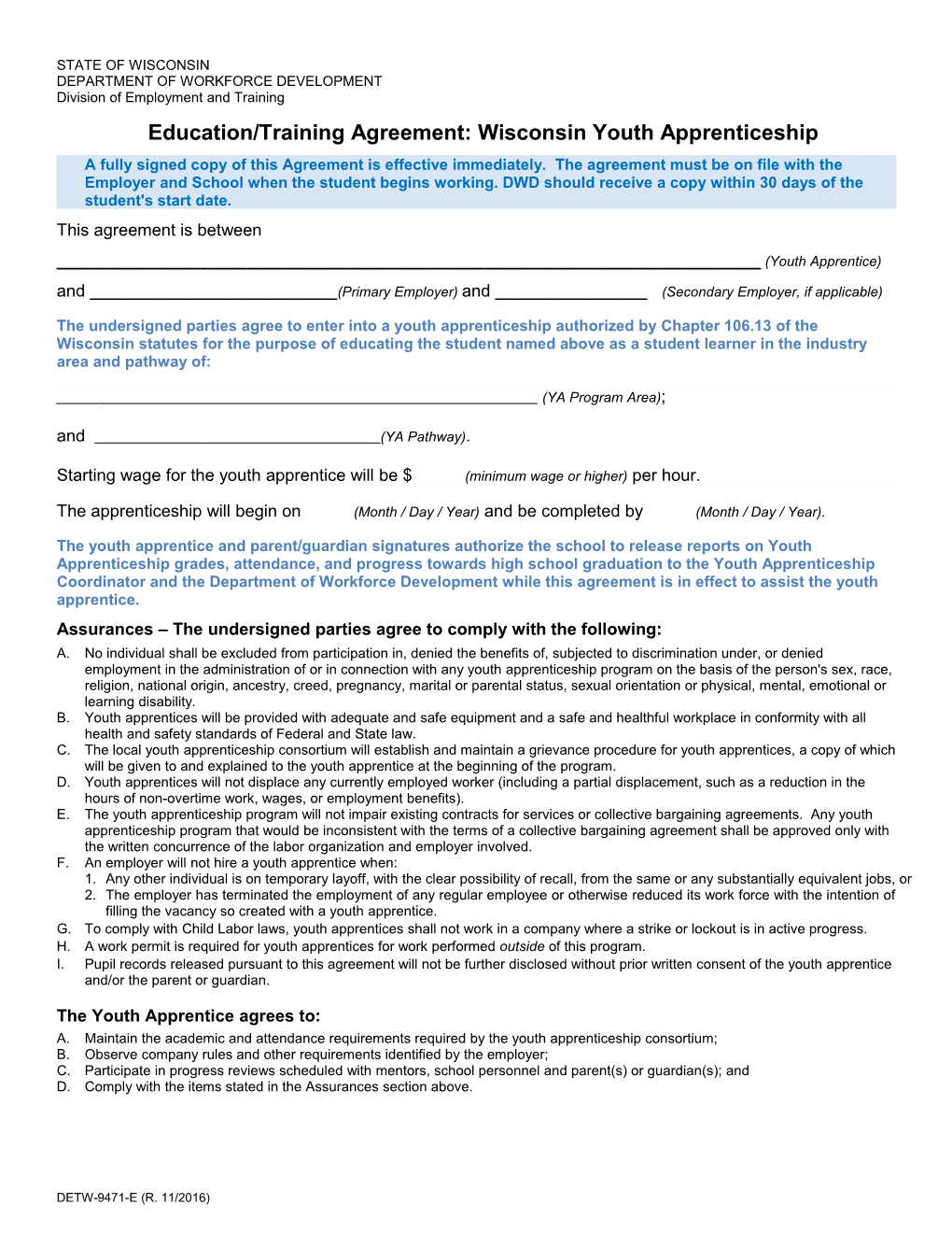 DETW-9471-E, Education Training Agreement