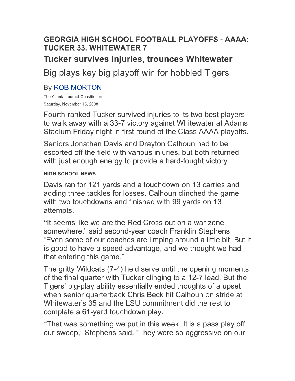 Georgia High School Football Playoffs - Aaaa: Tucker 33, Whitewater 7