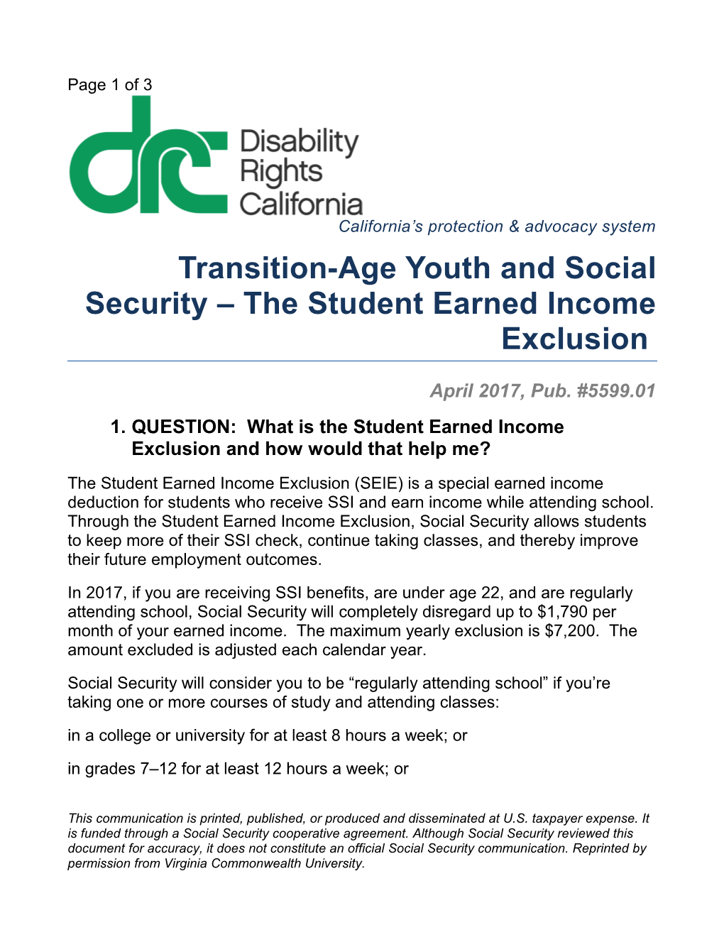 Transition-Age Youth and Social Security the Student Earned Income Exclusion