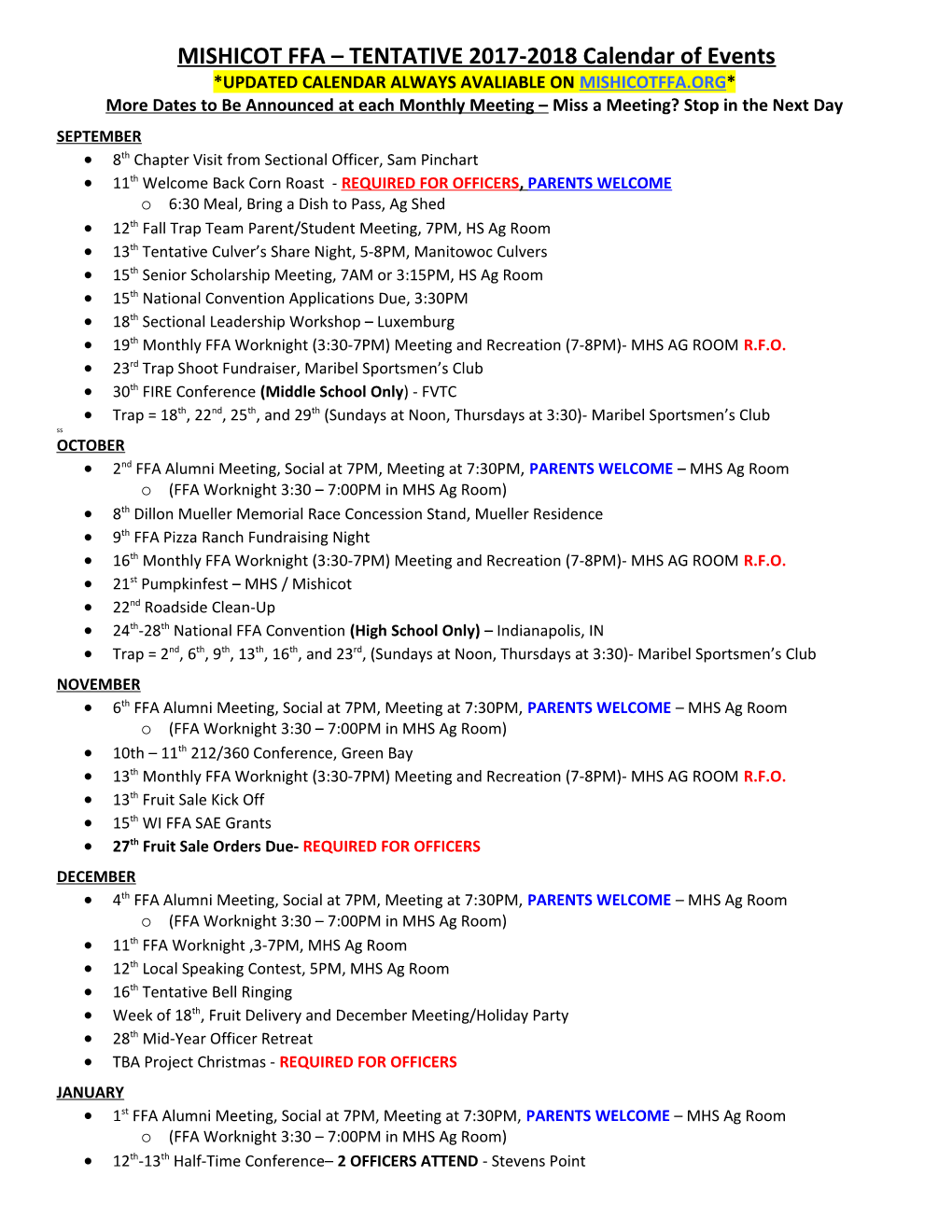 MISHICOT FFA TENTATIVE 2017-2018 Calendar of Events