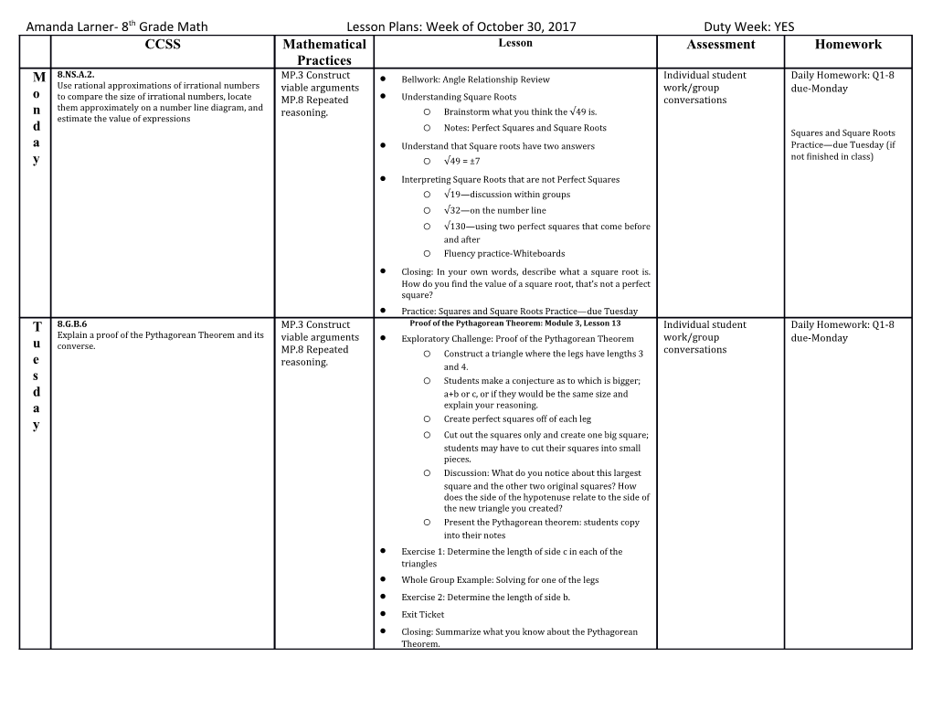 Amanda Larner- 8Th Grade Mathlesson Plans: Week of October 30, 2017Duty Week: YES