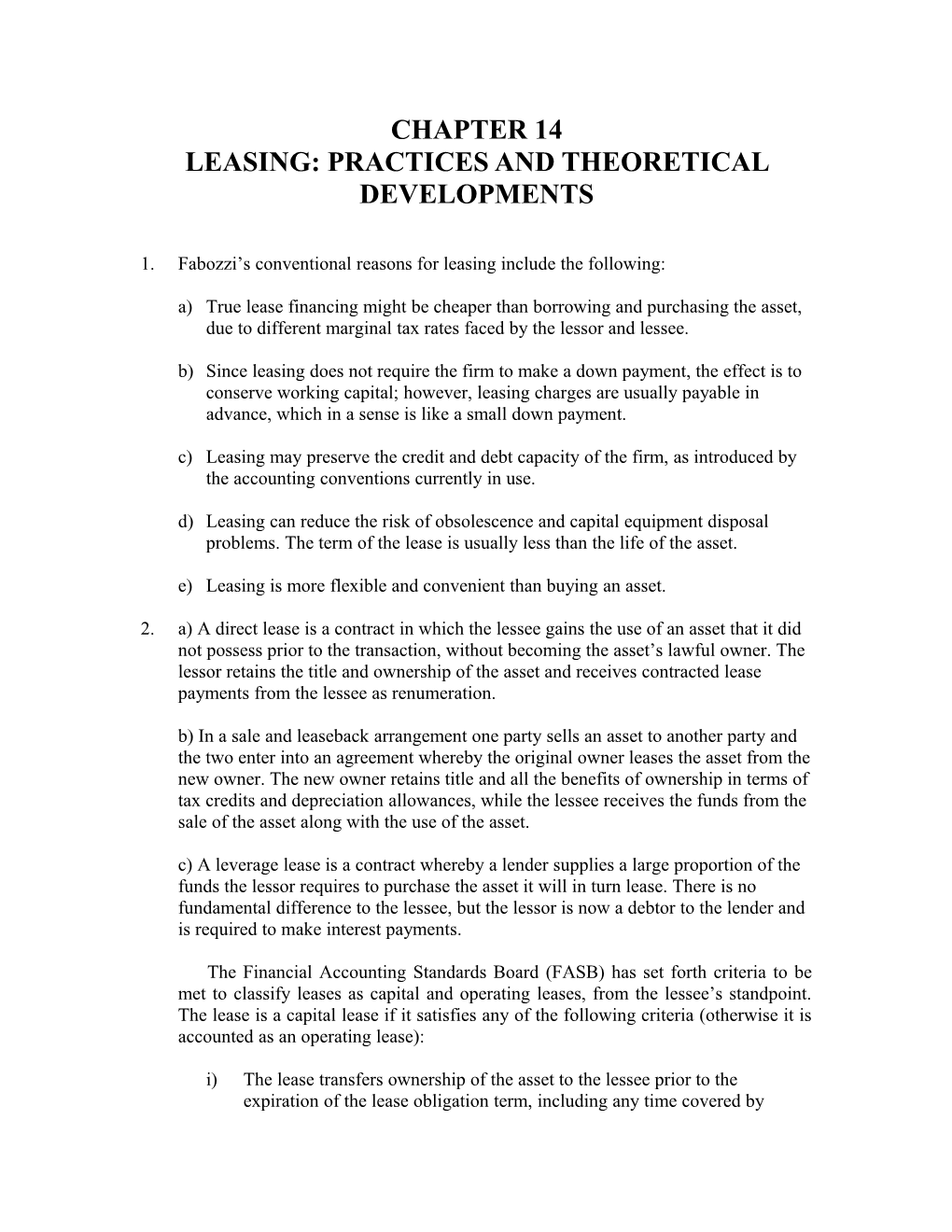 Chapter 14 Leasing: Practices and Theoretical Developments