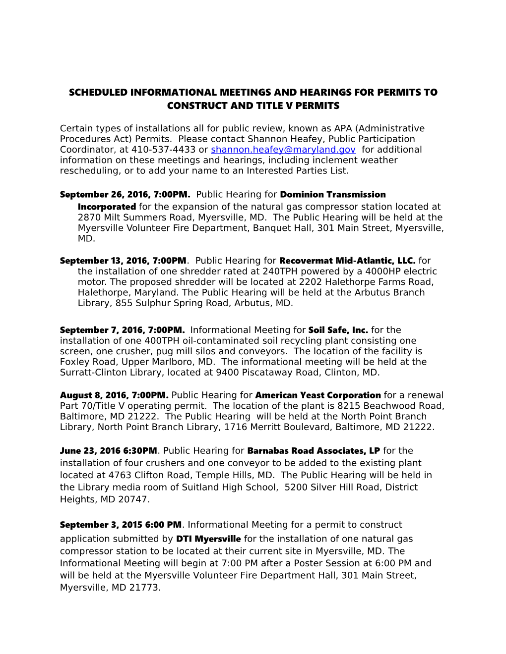 Scheduled Informational Meetings and Hearings Forpermits to Construct and Title V Permits