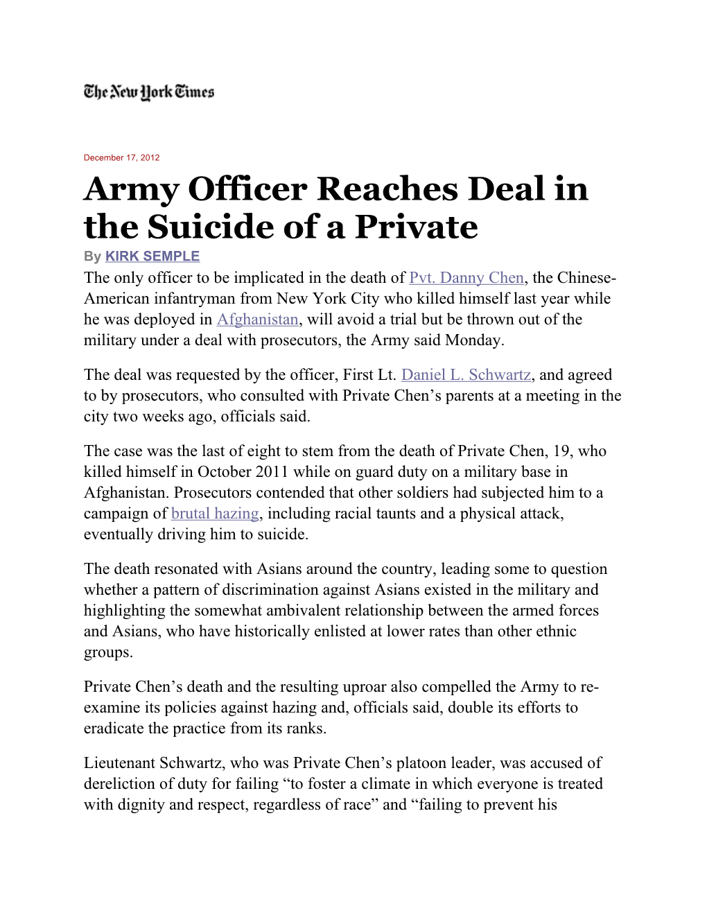 Army Officer Reaches Deal in the Suicide of a Private