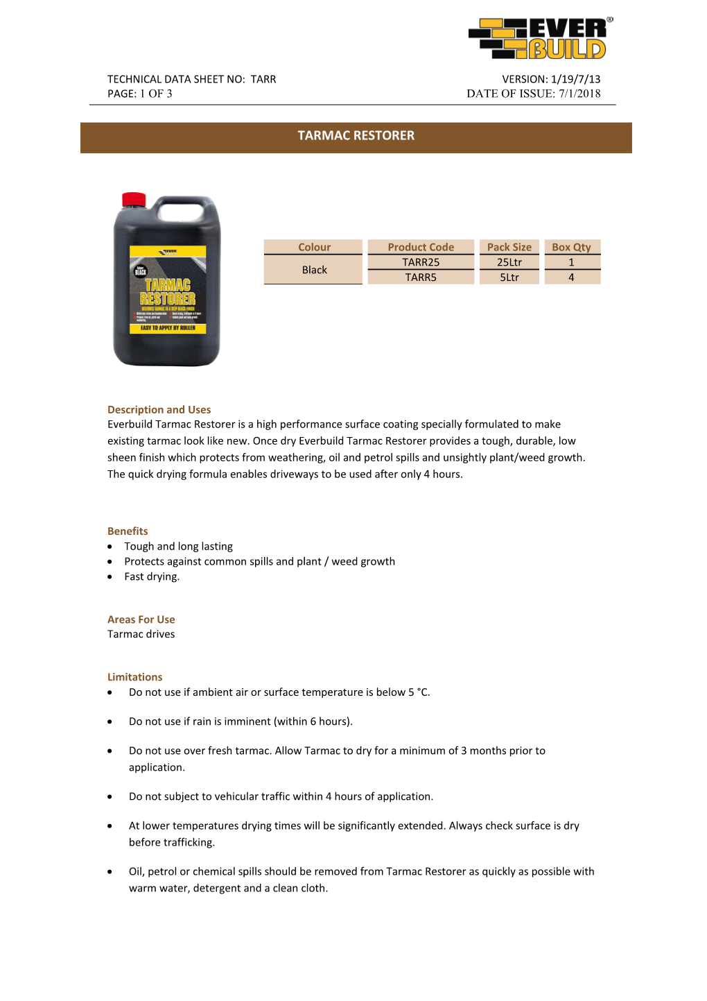 Technical Data Sheet No: Tarr Version: 1/19/7/13