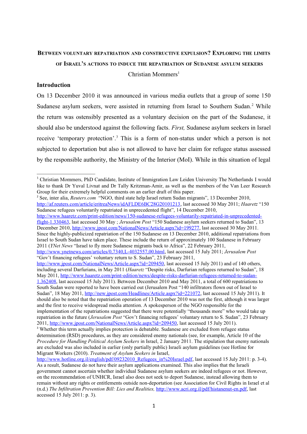 Between Voluntary Repatriation and Constructive Expulsion? Exploring the Limits of Israel