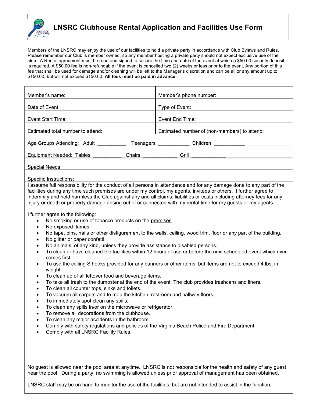 LNSRC Clubhouse Rental Application