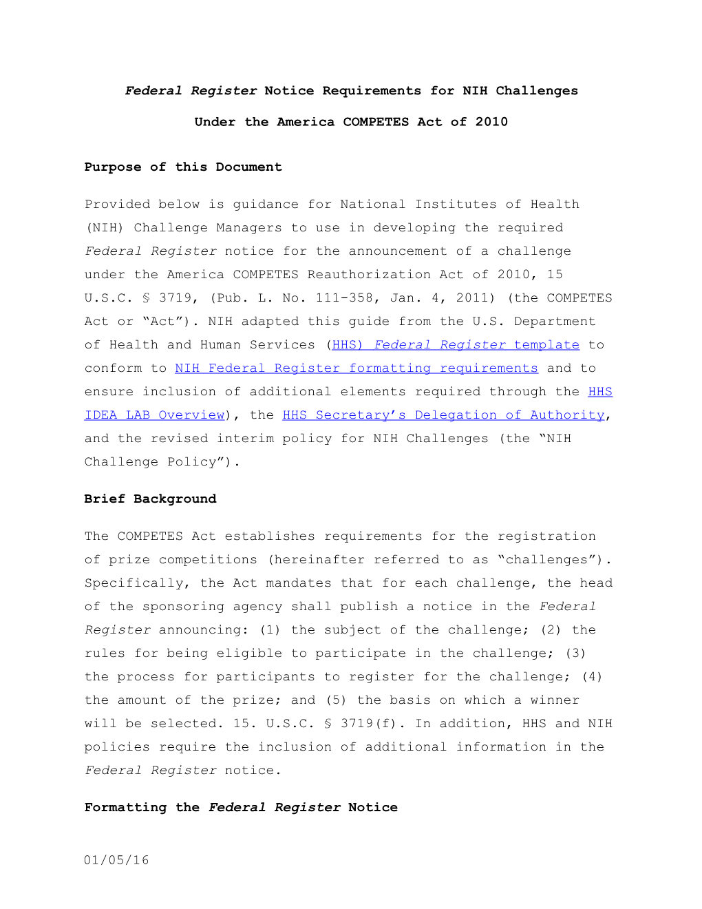 Federal Register Notice Requirements for NIH Challenges