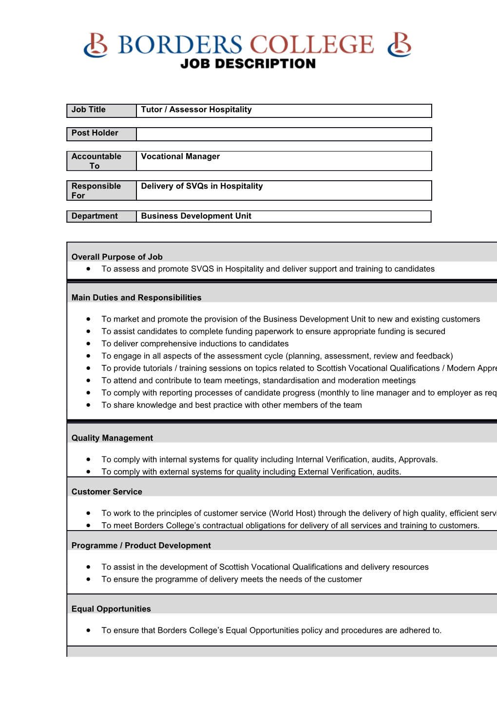 To Assess and Promote SVQS in Hospitality and Deliver Support and Training to Candidates