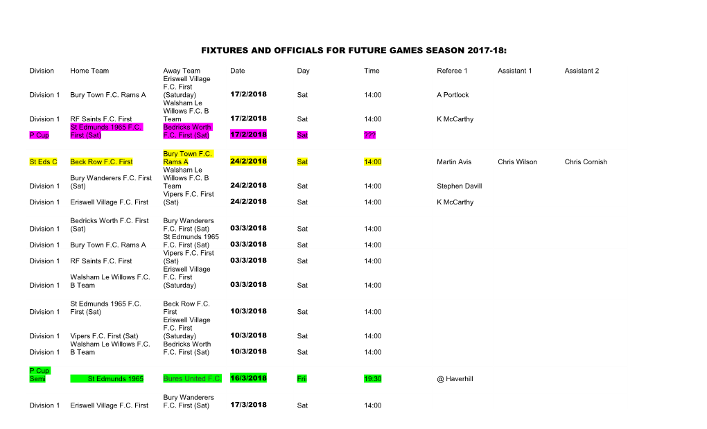 Fixtures and Officials for Future Games Season 2017-18