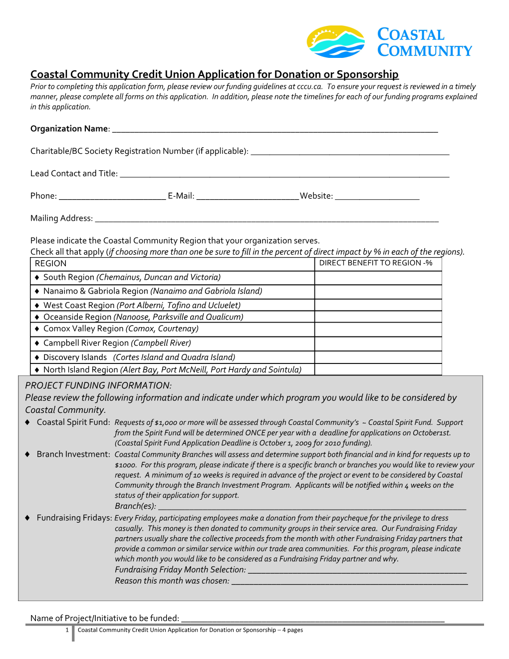 Coastal Community Credit Union Application for Donation Or Sponsorship