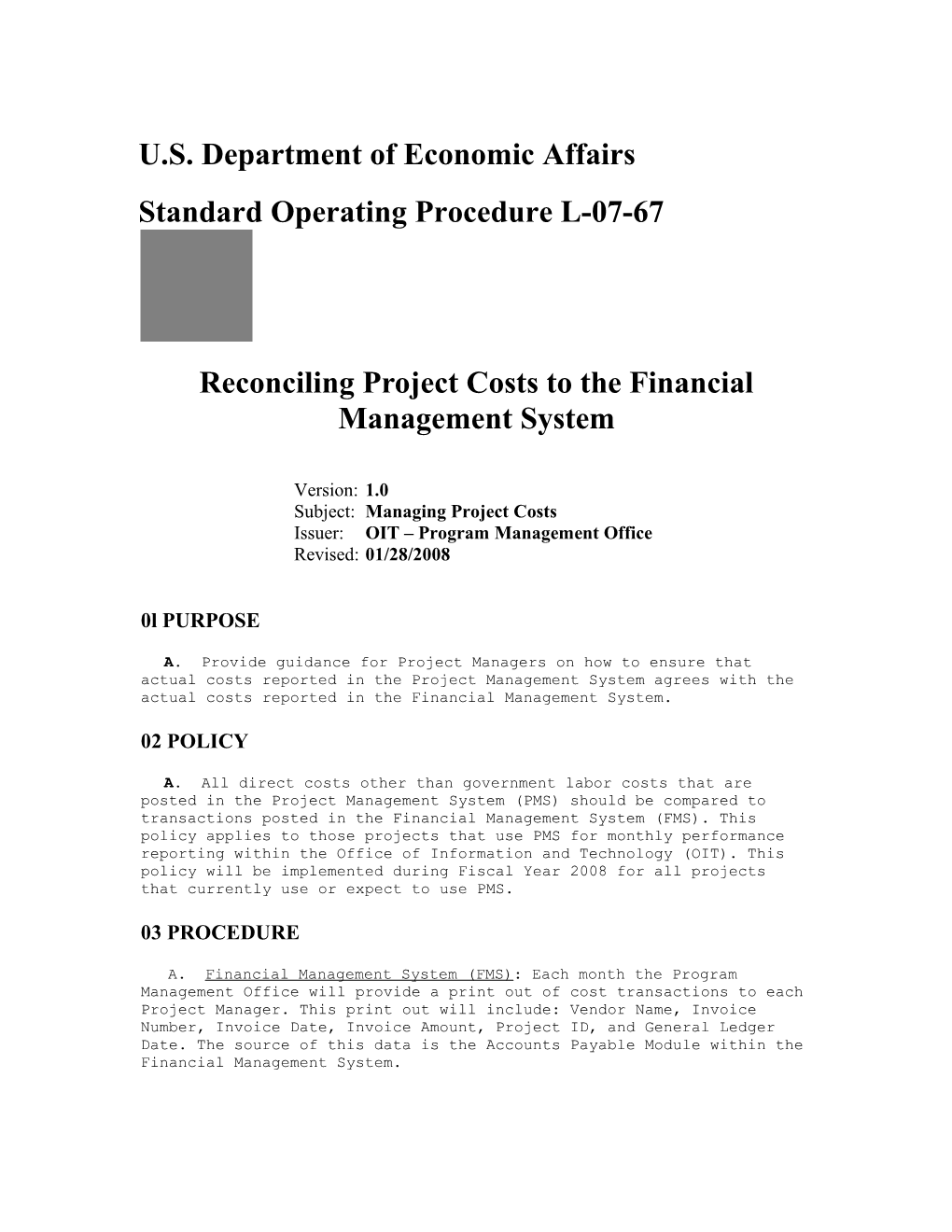 Reconciling Project Costs to the Financial Management System