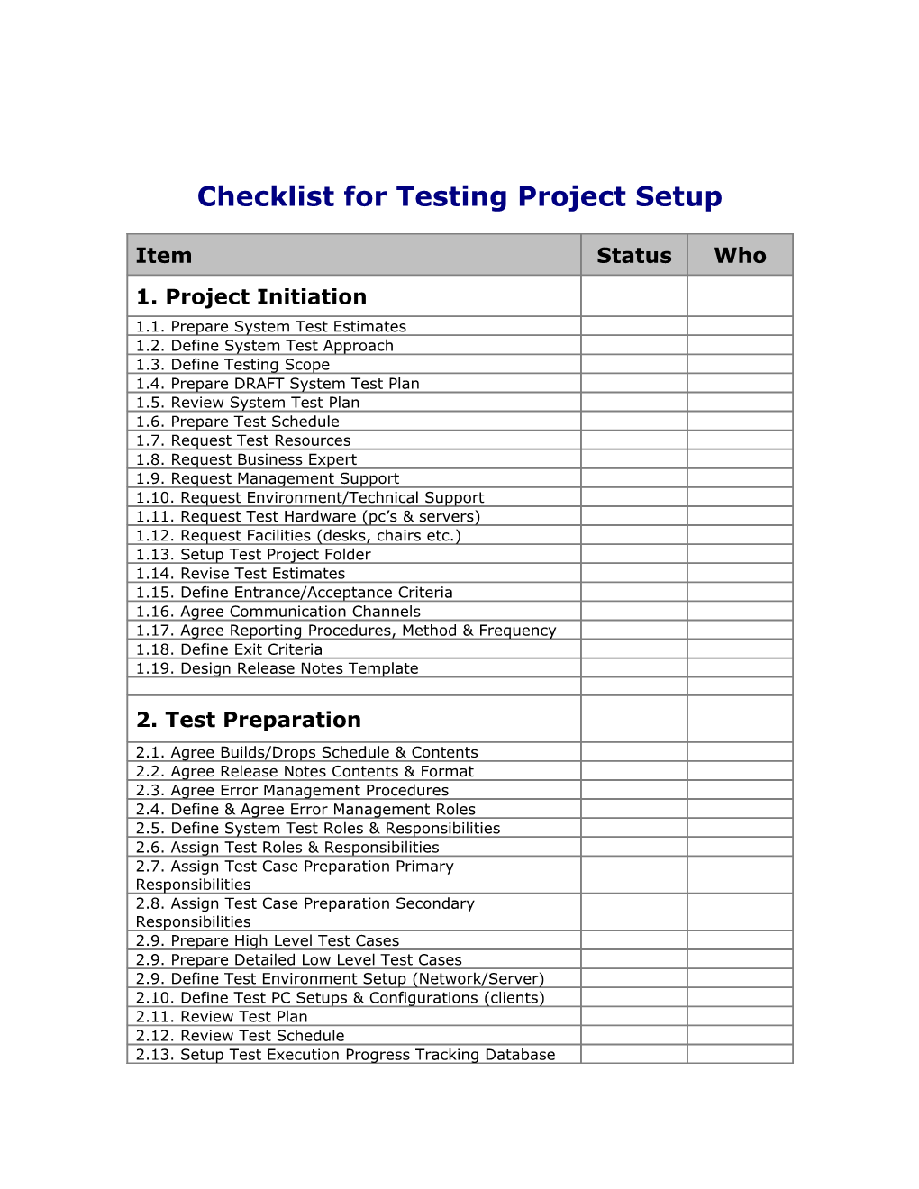 Checklist for Testing Project Setup