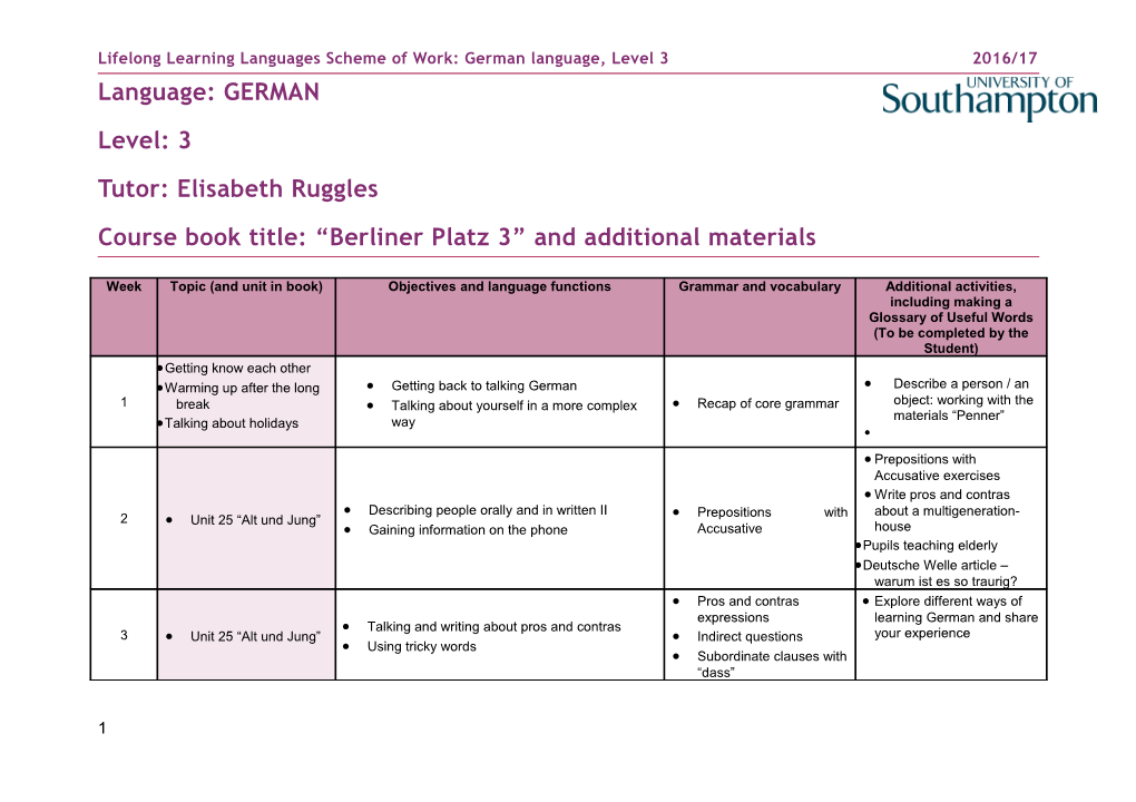 Lifelong Learning Languages Scheme of Work: German Language, Level 3 2016/17