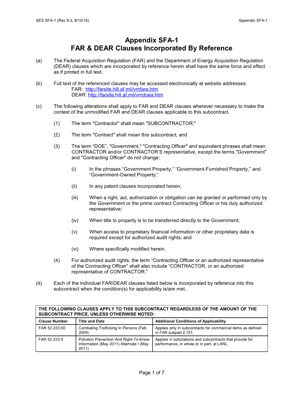 AES Appendix SFA-1