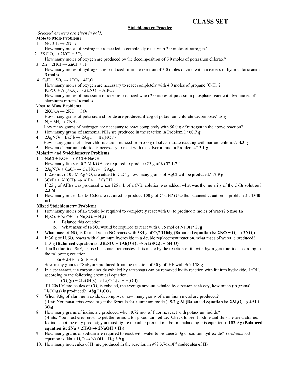 Stoichiometry Practice